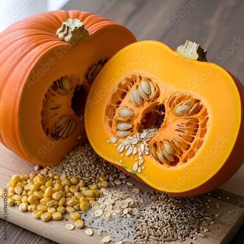Vibrant Orange Pumpkin Cut in Half with Seeds and Grains on Wooden Board