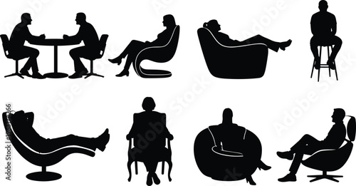 People sitting silhouettes collection featuring business meeting, relaxation poses, lounge chairs and casual seating positions isolated black vector illustration set