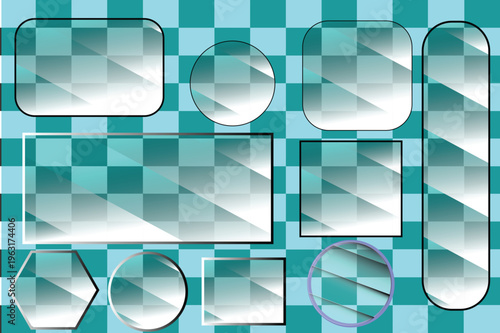 Realistic glass plates. Collection of interior elements for bathroom and room. Set of mirrors for boutique, texture for website.