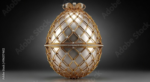 A large egg-shaped object with a gold lattice pattern on a dark background with studio lighting and