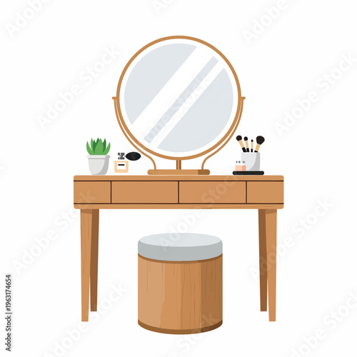 Wooden dressing table with round mirror and stool for makeup and beauty routine