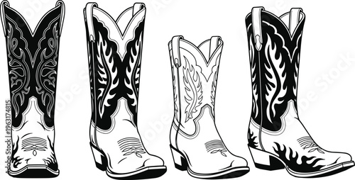Western cowboy boots black and white illustration set featuring classic leather footwear with decorative stitching isolated for fashion design and vintage style concept