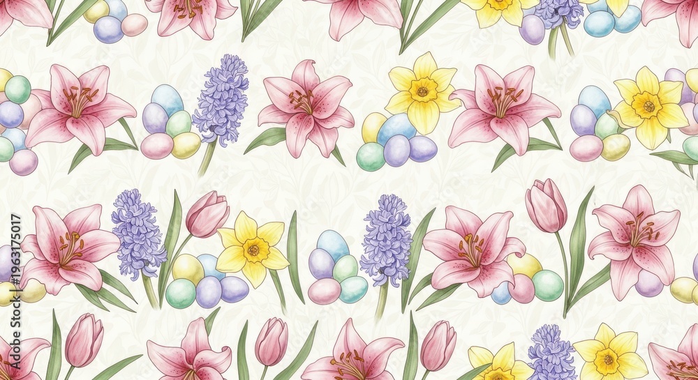 Fototapeta premium beautiful floral pattern with colorful flowers and leaves on white background for spring or easter d