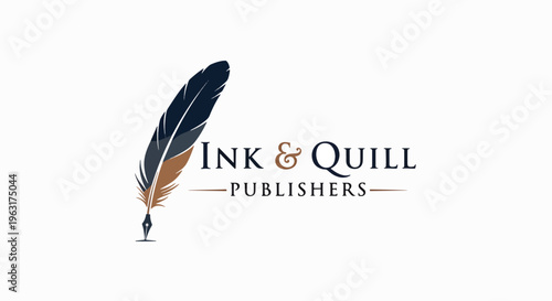Ink and Quill Publishers Logo with Feather and Inkwell on Solid Color