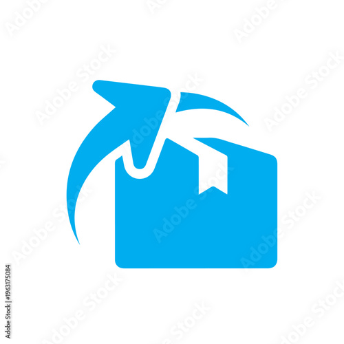 Cyan blue graphic element displays an upward curved arrow signifying outgoing shipment or successful package dispatch.