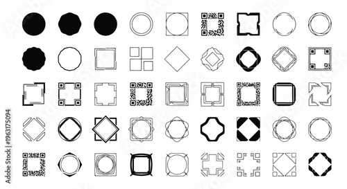 Varied geometric shapes and patterns composed of circles, squares, and diamonds in black and white