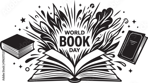Black and white World Book Day globe book vector illustration for global literacy and reading celebration design