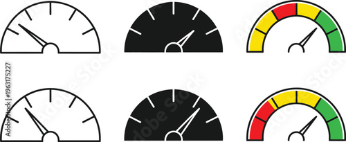 Six gauge icons for monitoring and measurement