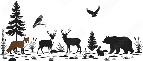 Woodland scene with various animals in a natural setting with trees and plants
