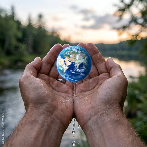 Hands Cradling a Small Globe with Water Dripping from Fingers in a Natural Landscape