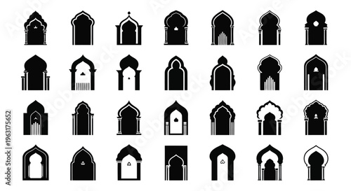 Diverse architectural styles of church and cathedral rooftops in black and white silhouettes