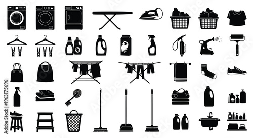 Assorted black and white icons representing various household and laundry items