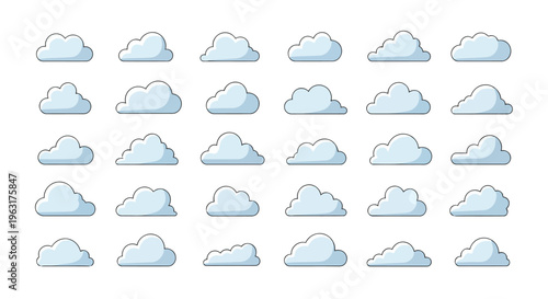 Collection of various stylized cloud illustrations arranged in a grid pattern