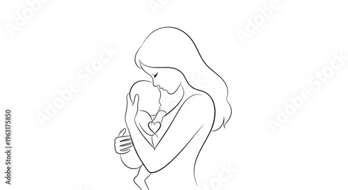 Mother tenderly embracing baby heartwarming moment of love and care simple line drawing