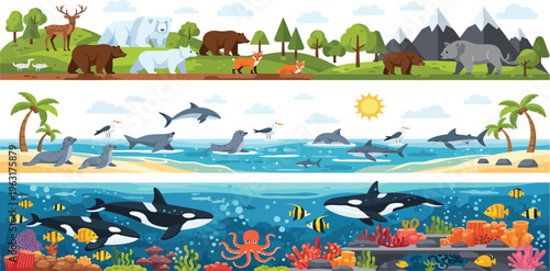 Three ecosystems illustrated forest ocean and aquatic life with diverse animals and plants