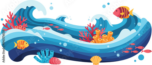 Vibrant ocean wave with colorful coral and sea creatures underwater scene illustration