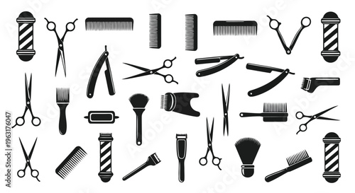 Assorted barber and beauty tools in a black and white illustration