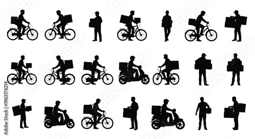 Diverse silhouettes of people engaging in various cycling activities and poses