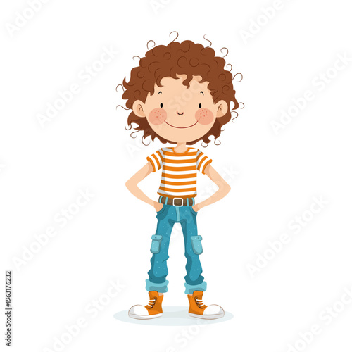 Adorable cartoon illustration of a smiling curly haired kid with freckles, wearing striped t shirt, jeans and sneakers. Friendly and cheerful child character isolated on light background, perfect for