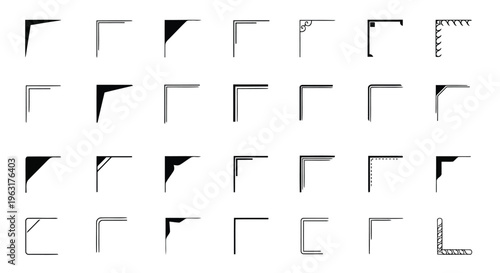 Collection of geometric shapes composed of connected right-angle lines forming various patterns