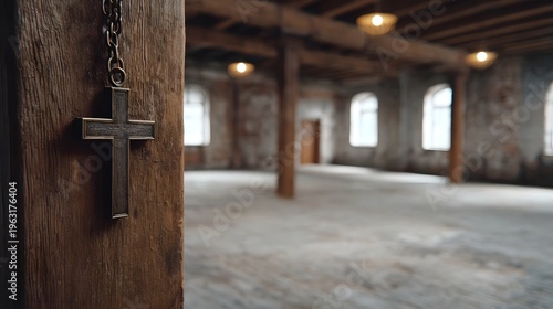 A close up of a rustic metallic cross on a weathered wooden pillar in an empty industrial loft space