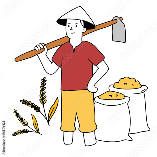 Asian Farmer Carrying Hoe On Shoulder Standing Near Sacks Of Harvested Rice