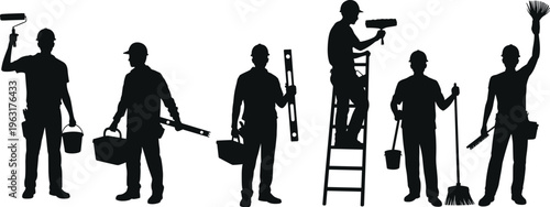 Professional worker silhouettes set with painter builder cleaner and handyman for home renovation construction service maintenance and industrial job design