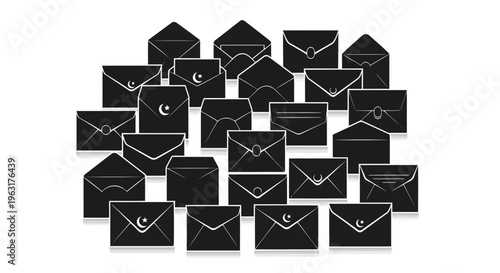 Collection of black envelopes arranged in a visually striking pattern