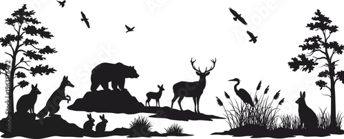 Black silhouettes of animals and birds in a natural forest environment with trees and plants