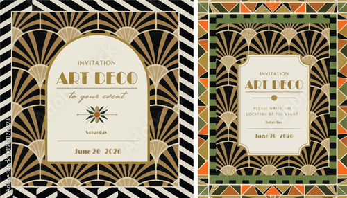 Art Deco invitation card set, vintage geometric fan pattern borders, elegant 1920s Gatsby style wedding stationery, gold and black luxury vector templates