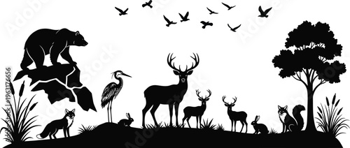 Black silhouettes of various animals in a natural outdoor environment with trees and plants