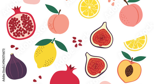 Colorful assortment of fresh fruits scattered together on a plain surface