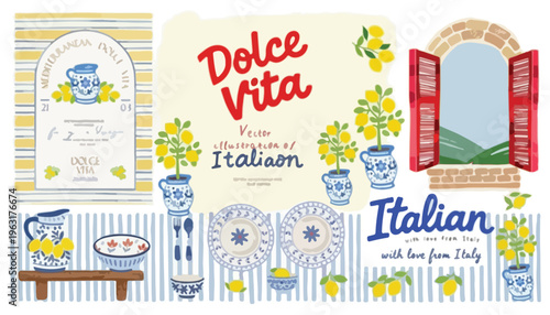 Italian Dolce Vita vector illustration set, Mediterranean summer lifestyle elements with lemons and ceramics, rustic hand drawn aesthetic