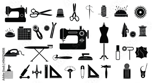 Assorted vintage sewing and tailoring tools arranged in a creative display