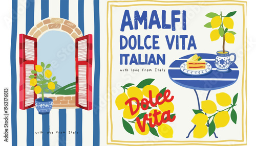 Italian Amalfi Dolce Vita vector illustration set, Mediterranean summer lemon theme with window view, vintage coastal travel poster art