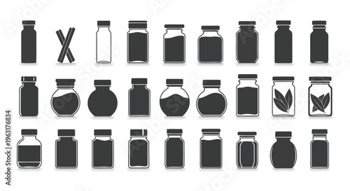 Assorted styles of bottles and jars in monochromatic silhouette design