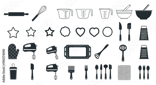 Assorted kitchen utensils and cookware set displayed in black and white icons