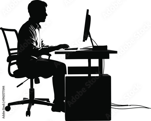 Silhouette of Businessman Working at Computer Desk in Office Environment for Professional Freelance Remote Work and Corporate Digital Productivity Vector