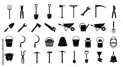 Collection of various gardening and yard work tools depicted in simple black and white icons