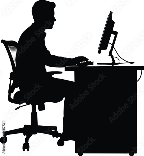 Silhouette of Businessman Working at Computer Desk in Office for Corporate Freelance Remote Work Professional Success and Digital Productivity Vector