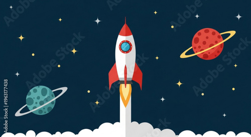 Rocket ship blasting off into space with planets and stars