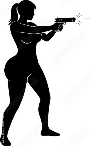 person Shooting Handgun Silhouette - Tactical Pistol Firing Vector Icon with Muzzle Blast