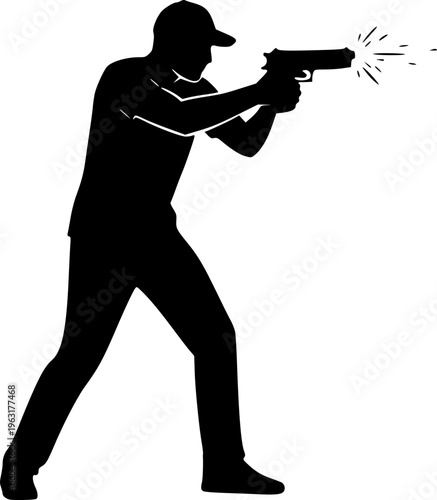 person Shooting Handgun Silhouette - Tactical Pistol Firing Vector Icon with Muzzle Blast