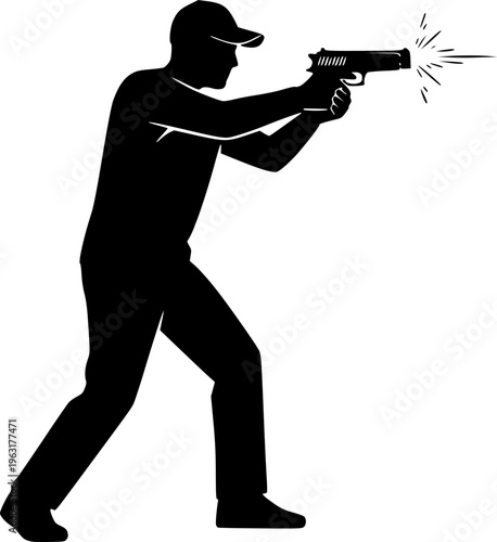 person Shooting Handgun Silhouette - Tactical Pistol Firing Vector Icon with Muzzle Blast