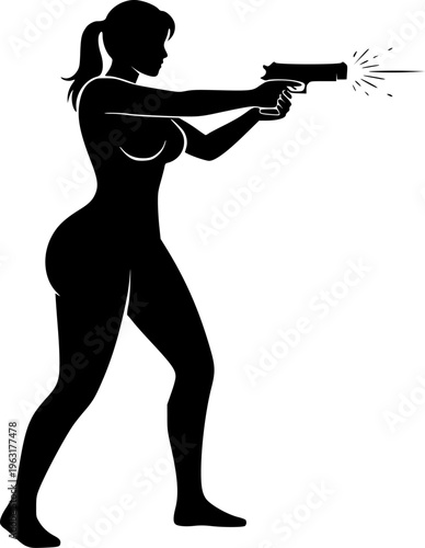 person Shooting Handgun Silhouette - Tactical Pistol Firing Vector Icon with Muzzle Blast