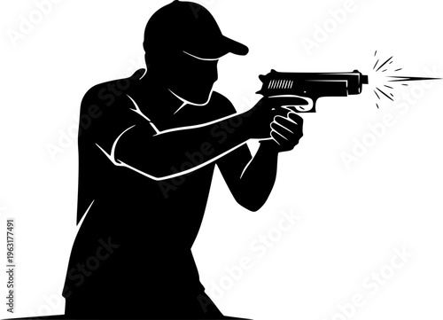 person Shooting Handgun Silhouette - Tactical Pistol Firing Vector Icon with Muzzle Blast