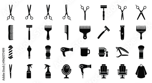 A collection of various tools and gardening implements in black and white silhouette style