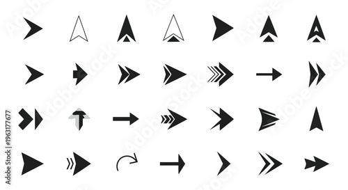 Variations of arrowheads and directional arrow styles in black and white graphics