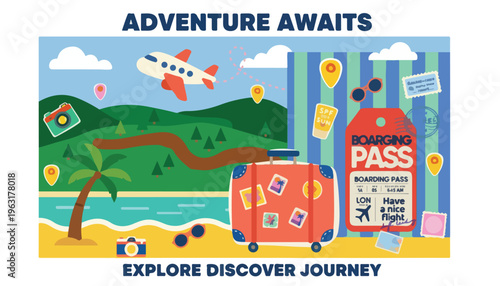 Adventure awaits travel vector illustration, tropical beach vacation background with airplane and suitcase, boarding pass and summer holiday elements