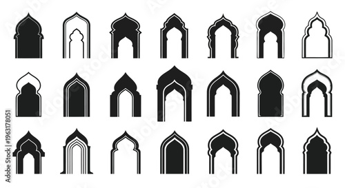Variations of gothic architectural arches in black and white silhouette style